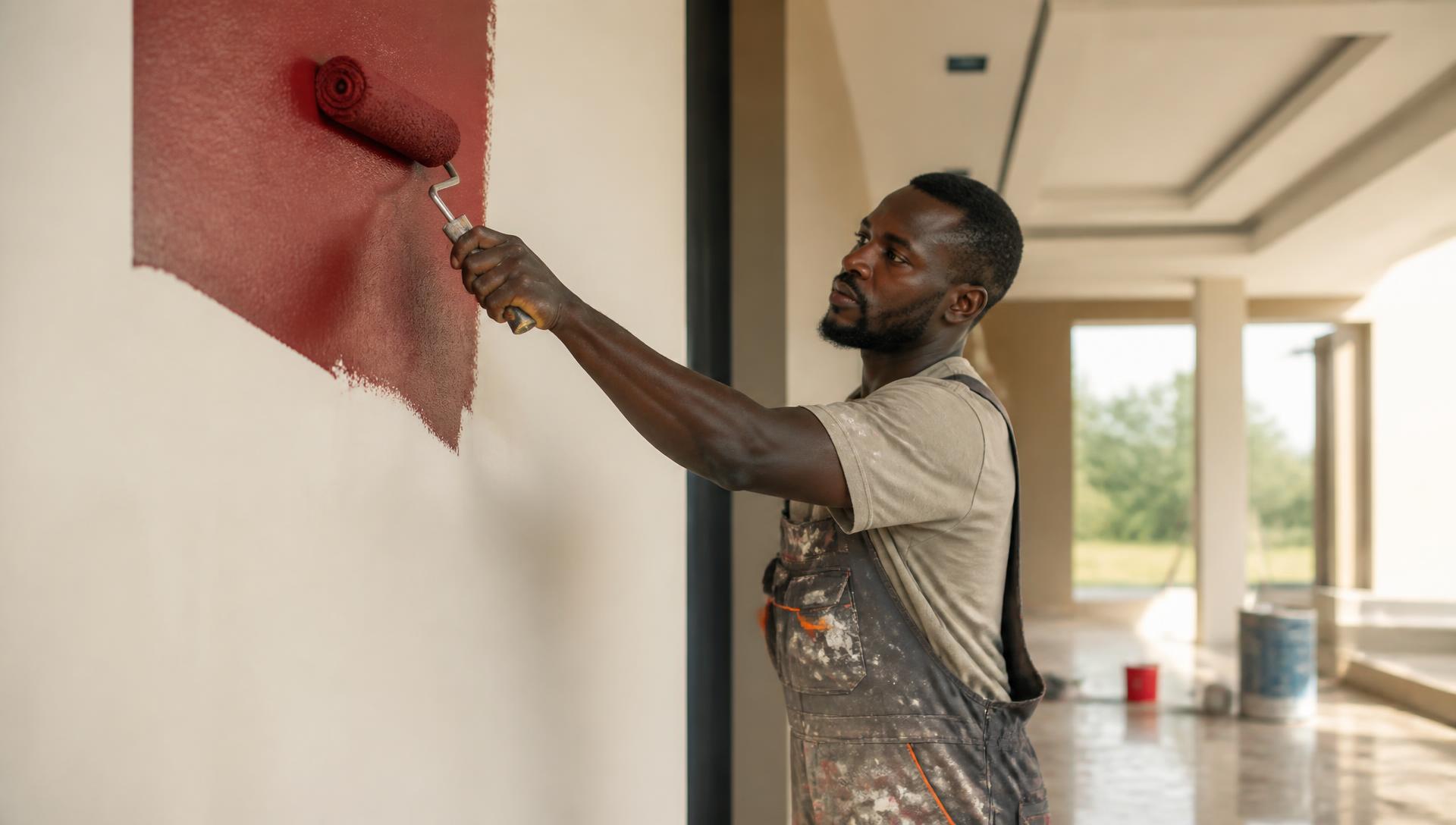 Painter rolling deep red paint onto an interior wall